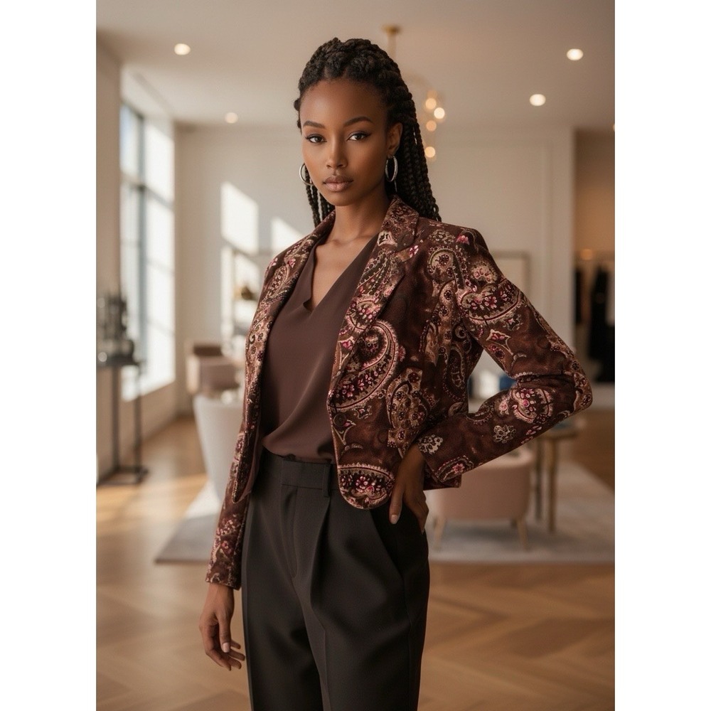 Larry Levine Petite Paisley Corduroy Stretch Cropped Blazer Brown 14P